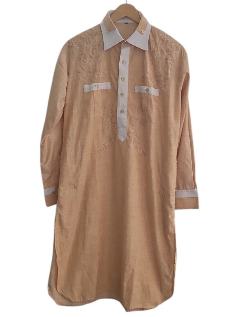 Men’s Embroidered Kurta L Apricot Long Tunic Traditional Pakistani Festive Shirt